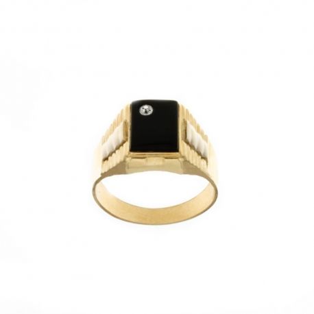 Bague en or jaune 18 Kt 750/1000 avec zircon et pierre d'onyx pour homme