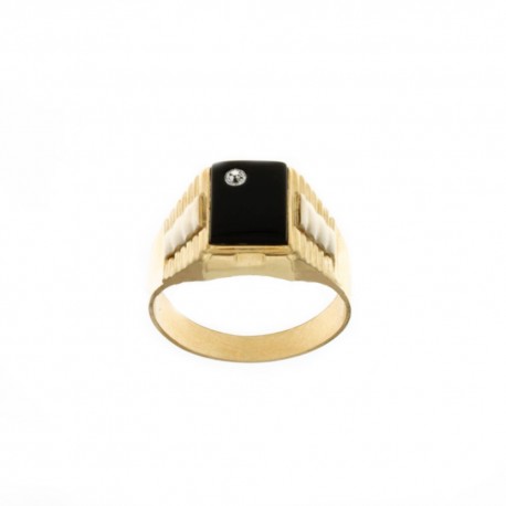 Inel din aur galben de 18 Kt 750/1000 cu zircon și piatră de onix pentru bărbați
