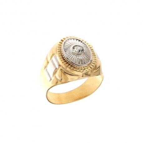 Anello in oro giallo e bianco 18 Kt 750/1000 forma ovale con zircone bianco e decorazioni da uomo