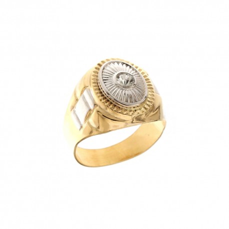 Inel in forma ovala din aur galben si alb de 18 Kt 750/1000 cu zircon alb si decoratiuni pentru barbati