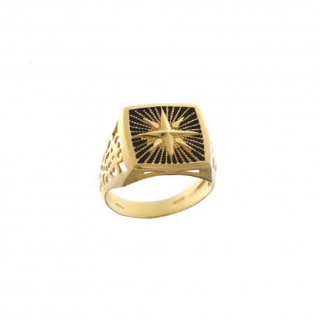 18 Kt 750/1000 geelgouden ring met geëmailleerde kompasroos op vierkante basis voor heren