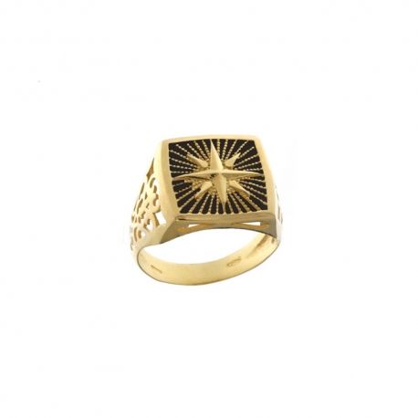 Anillo en oro amarillo de 18 Kt 750/1000 con rosa de los vientos esmaltada sobre base cuadrada para hombre