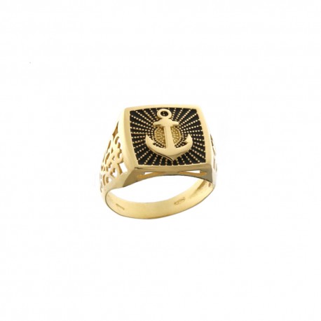 18 Kt 750/1000 geelgouden ring met geëmailleerd anker op vierkante basis voor heren