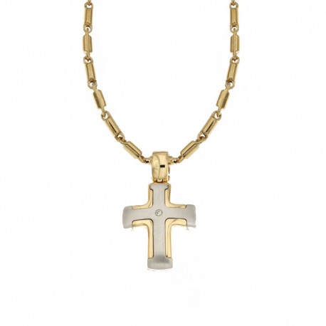 Collier en or jaune 18 Kt 750/1000 avec pendentif en forme de croix avec diamant pour homme