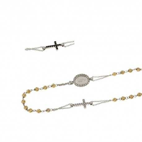 Girocollo rosario in oro 18 Kt 750/1000 con Madonna e zirconi bianchi e neri unisex