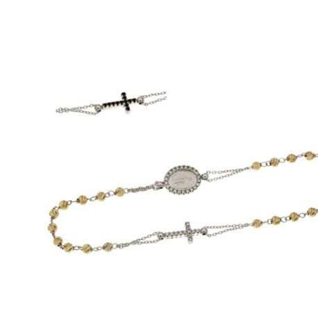 Unisex 18K 750/1000 guld rosenkrans halskæde med Madonna og hvide og sorte zirkoner