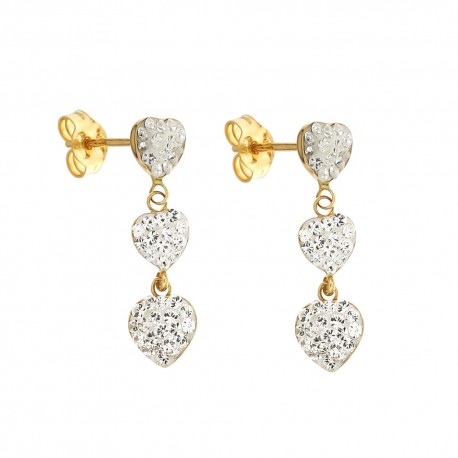 Boucles d'oreilles pendantes en or jaune 18 Kt 750/1000 avec coeurs et zircons blancs