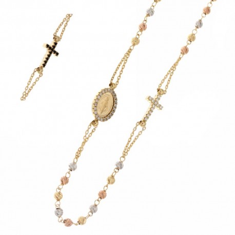 Collana rosario in oro bianco giallo e rosa 18 Kt 750/1000 con zirconi bianchi e neri unisex