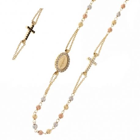 Collier chapelet en or blanc, jaune et rose 18 Kt 750/1000 avec zircons blancs et noirs unisexe