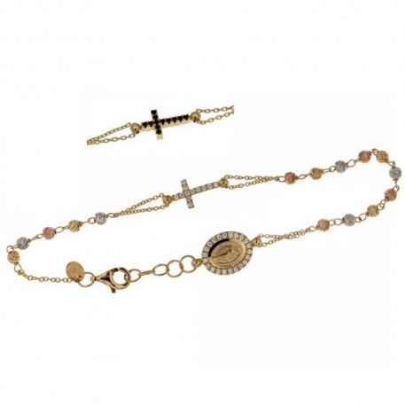 Pulsera modelo Rosario en oro blanco, amarillo y rosa de 18 Kt 750/1000 con circonitas blancas y negras unisex