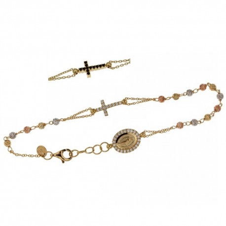 White rose and yellow gold 18k 750/1000 with white and black cubic zirconia unisex Rosary bracelet