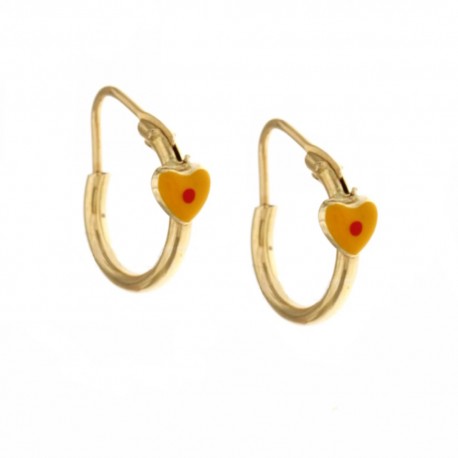 Yellow gold 18 Kt 750/1000 hoop earrings with polished hearts girl earrings
