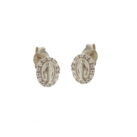 Orecchini in oro bianco 18 Kt 750/1000 con Madonna e zirconi bianchi da donna