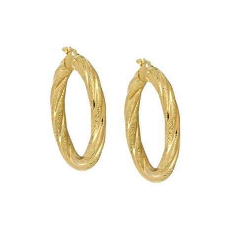 Yellow gold 18k 750/1000 shiny and hammered hoops woman earrings