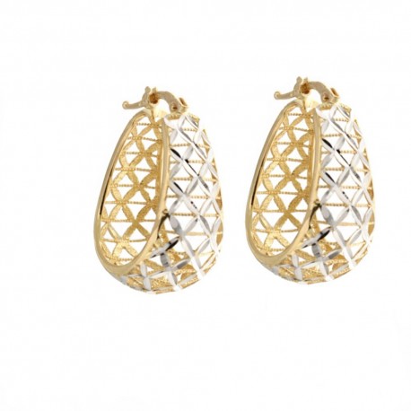 Boucles d'oreilles pour femme de forme ovale, polies et ajourées en or blanc et jaune 18 Kt 750/1000