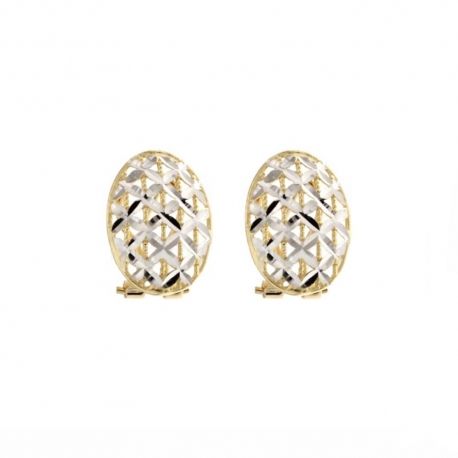 Boucles d'oreilles forme ovale ajourée finition martelée en Or jaune et blanc 18 Kt 750/1000 pour femme