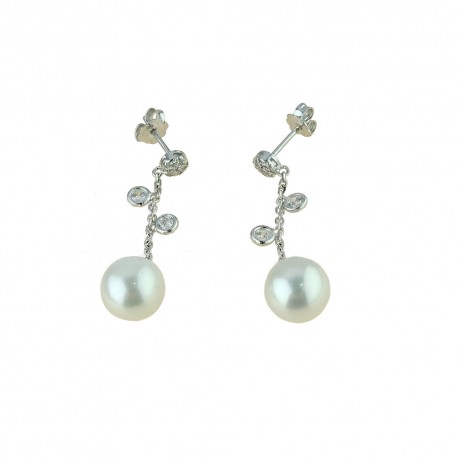 Boucles d'oreilles en or blanc 18Kt 750/1000 avec zircons blancs et perles pour femme