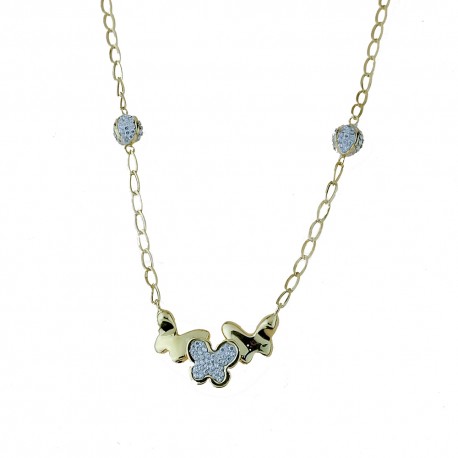 White and yellow gold 18k with butterflies and white cubic zirconia necklace