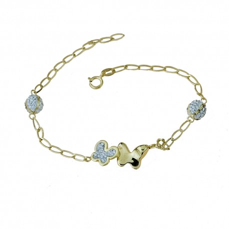Bracelet chaîne en or jaune et blanc 18 Kt 750/1000 avec papillons en zircon blanc pour femme