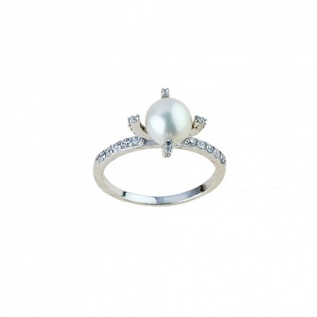 Prsten z bílého zlata 18Kt 750/1000 s perlou a bílými zirkony, leštěný povrch