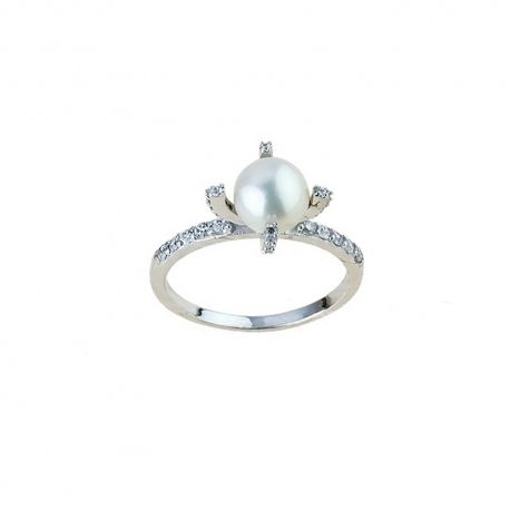 White gold 18k 750/1000 with pearl and white cubic zirconia ring