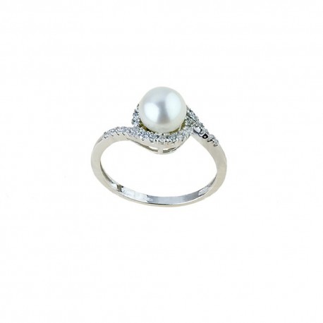 Anello in oro bianco 18 Kt 750/1000 con perla e zirconi bianchi finitura lucida