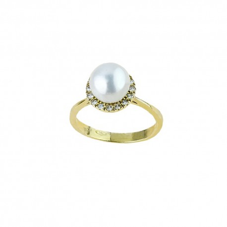 Ring aus 18-karätigem 750/1000-Gelbgold mit Perle und weißen Zirkonen, polierte Oberfläche