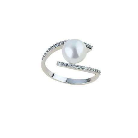 18 Kt 750/1000 fehérarany gyűrű gyöngyökkel és fehér cirkóniákkal, polírozott felülettel