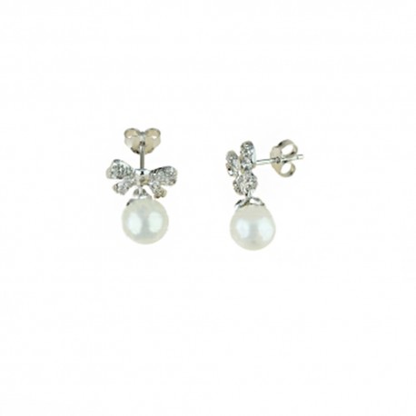 Boucles d'oreilles en or blanc 18 Kt 750/1000 avec perles et papillons zircon pour femme