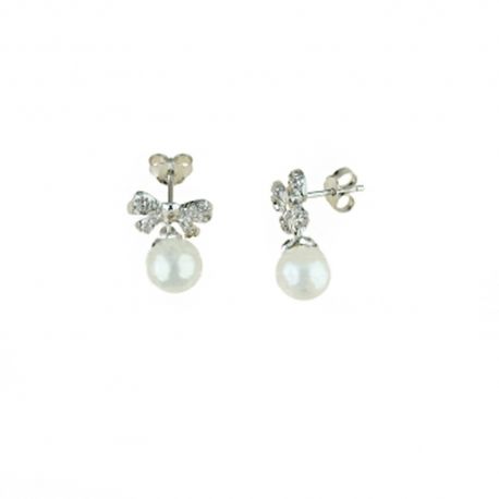 Brincos em ouro branco de 18 Kt 750/1000 com pérolas e borboletas de zircônia para mulheres