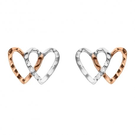 Серьги из розового и белого золота 18 карат 750/1000 пробы с двумя переплетенными сердечками.