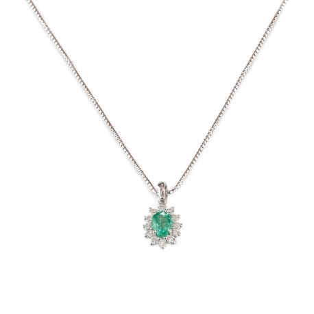 White gold 18 K 750/1000 with emerald and diamonds princess necklace