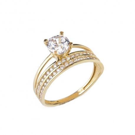 Двойное кольцо из желтого золота 18 карат 750/1000 пробы с цирконами.