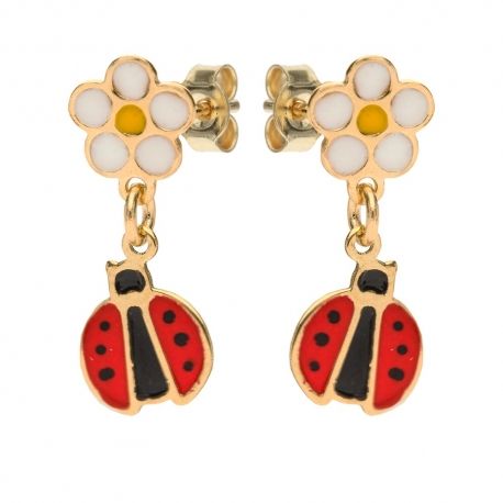 Boucles d'oreilles pendantes en or jaune 18 Kt avec fleur et coccinelle
