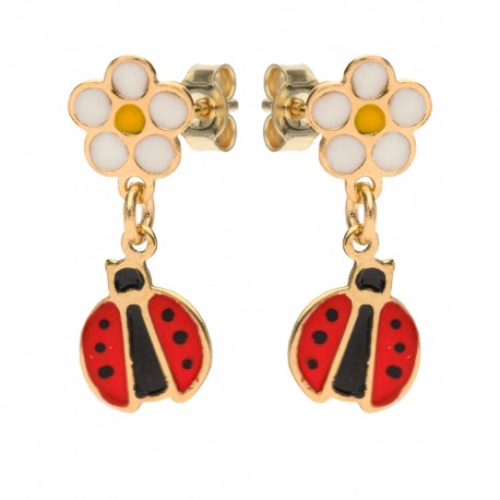 Yellow gold 18k with flower and ladybugs baby girl earrings