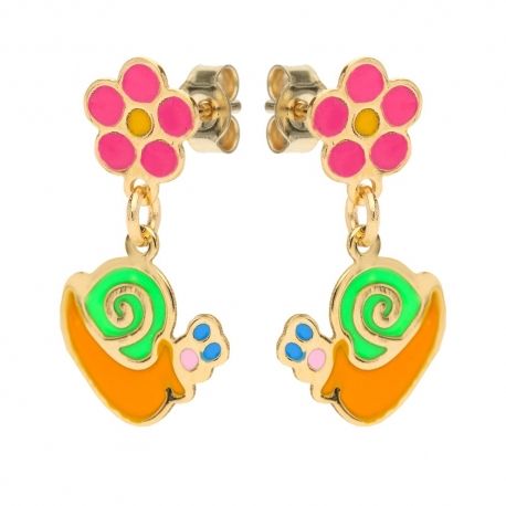 Boucles d'oreilles pendantes en or jaune 18 Kt avec fleur et escargot