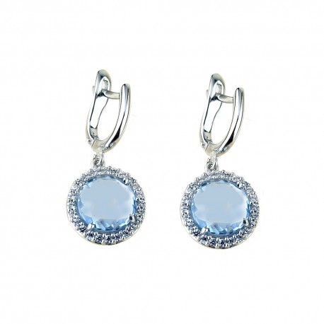 Boucles d'oreilles pendantes en or blanc 18 carats avec pierres bleues pour femme