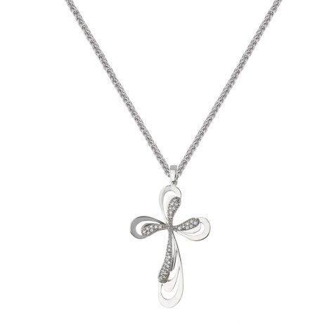 Collier En Or Blanc 18 Carats Avec Croix Et Zircons