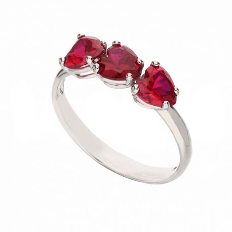 Anello in Oro Bianco 18 Carati con Cuori Rossi