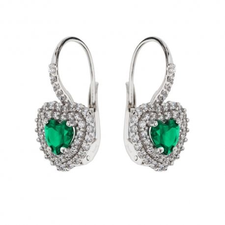 18K White Gold Sydämenmuotoiset korvakorut vihreillä ja valkoisilla kivillä