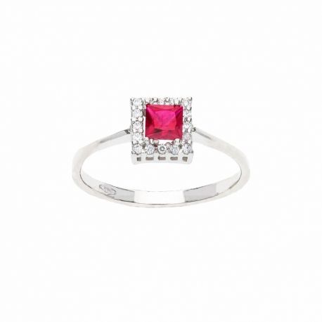 Bague en or blanc 18 carats avec pierre rouge et zircons