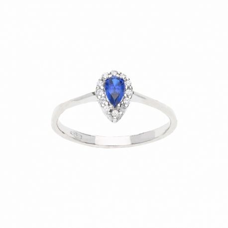 Bague en or blanc 18 carats avec pierre bleue et zircons blancs