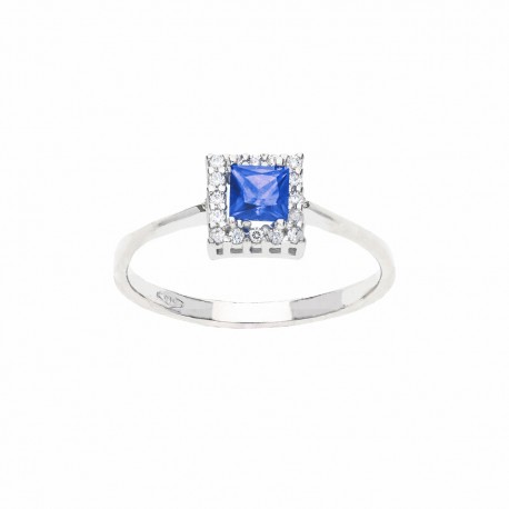 18K balto aukso žiedas su mėlynu akmeniu ir cirkoniais