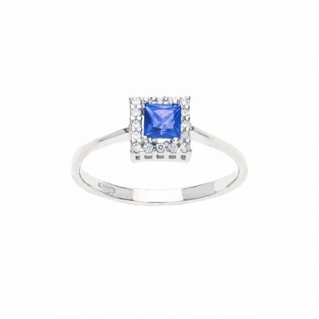 Anillo de Oro Blanco de 18K con Piedra Azul y Circonitas