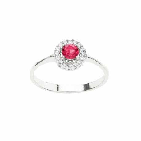 White Gold 18k with Red Stone and White Zirconia Ring