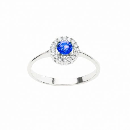 Anel em ouro branco 18K com pedra azul e zircônias brancas