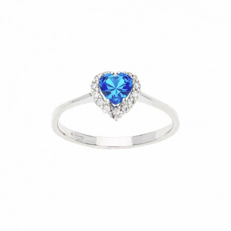 18K balto aukso žiedas su mėlynu akmeniu ir baltais cirkoniais