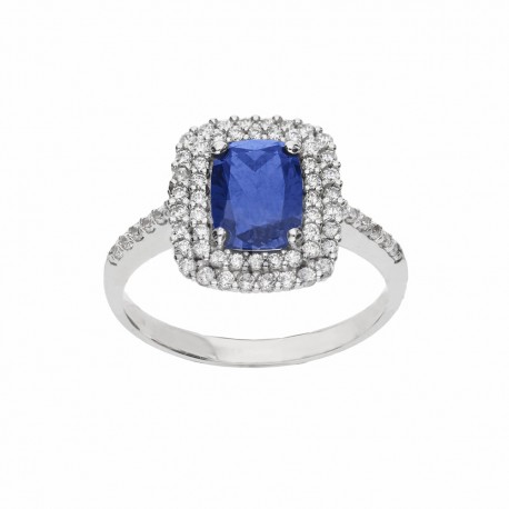 18K baltā zelta gredzens ar zilu akmeni un baltiem cirkoniem
