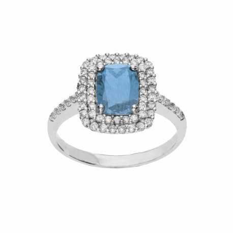 18 K fehérarany gyűrű kék kővel és fehér cirkóniákkal