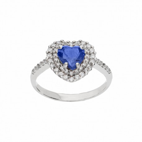 18K baltā zelta gredzens ar zilu akmeni un baltiem cirkoniem